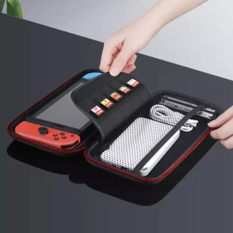Husa rigida pentru consola, Dunmoon, protectie anti-soc, spatiu pentru jocuri si accesorii, fermoar sigur, negru/rosu [5]