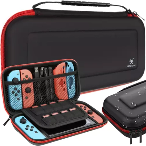 Husa rigida pentru consola, Dunmoon, protectie anti-soc, spatiu pentru jocuri si accesorii, fermoar sigur, negru/rosu [2]