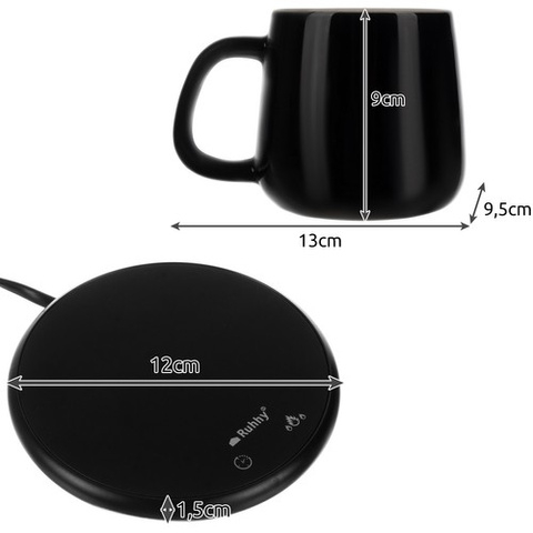 Incalzitor electric pentru cana Ruhhy, cana ceramica 400 ml cu capac si lingurita, 2 trepte 40/60°C, timer 1-9 h, 18 W, negru [7]