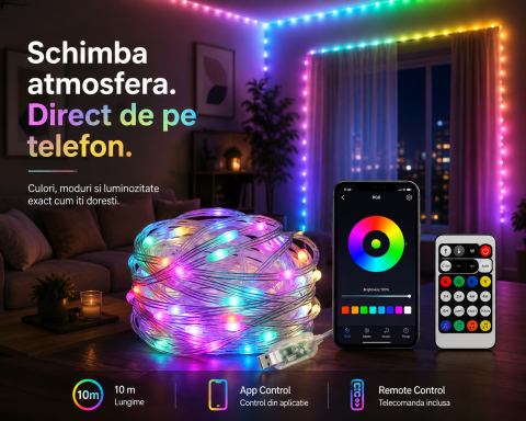 Instalatie luminoasa LED RGB, 10 m, control prin aplicatie si telecomanda, culori si efecte multiple, luminozitate reglabila, alimentare USB [2]