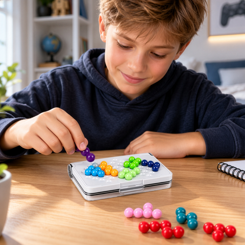 Joc de logica IQ Puzzle cu bile colorate, tabla cu capac, 120 provocari, 5 niveluri de dificultate, 14 x 9,5 cm [7]
