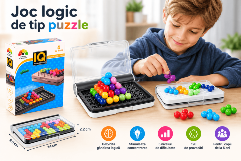 Jucarii & Timp liber - Joc de logica IQ Puzzle cu bile colorate, tabla cu capac, 120 provocari, 5 niveluri de dificultate, 14 x 9,5 cm