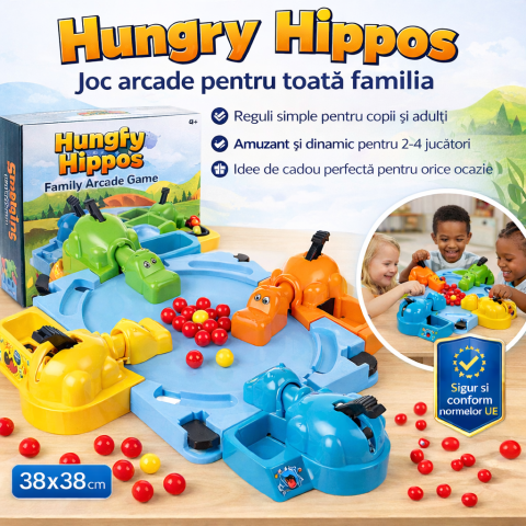 Jucarii & Timp liber - Joc interactiv de masa pentru copii – Hipopotami mancaciosi, competitie de reflexe 2–4 jucatori, arcade family game, 4 ani +