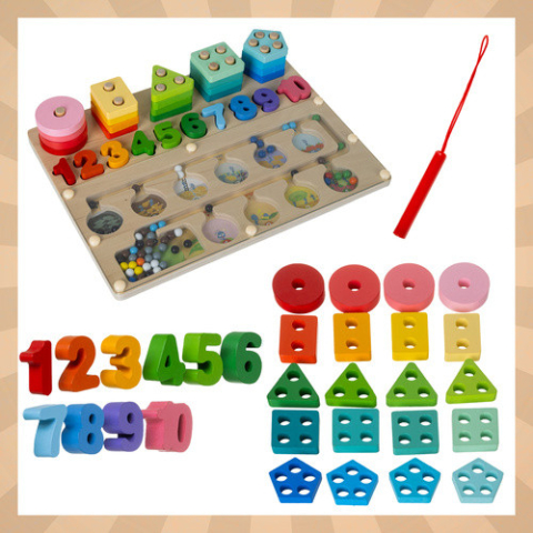 Jucarie de Sortat Montessori, 3-in-1, Labirint Magnetic, Cifre si Forme, 30 x 22.5 cm, Multicolor [4]