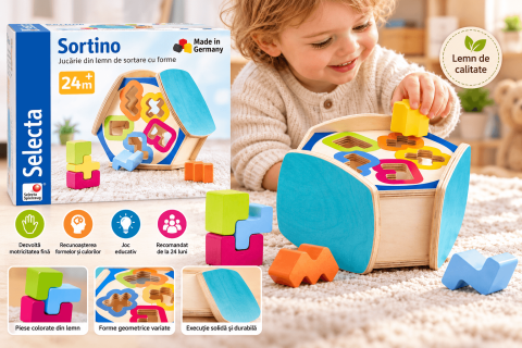 Jucarie educativa din lemn Selecta Sortino, sortator de forme geometrice, puzzle de sortare, multicolor, 22.6 x 20.5 x 11.3 cm, 24 luni+ [4]