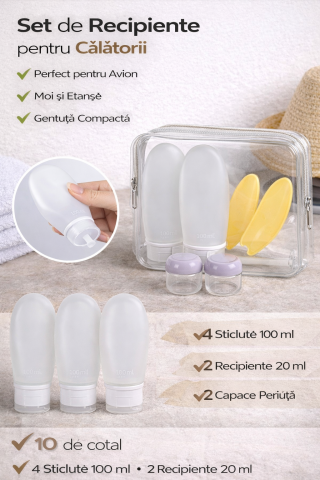 Casa & Organizare - Kit de calatorie avion Trizand – recipiente cosmetice reutilizabile 10 piese, compatibil bagaj de mana, cu husa transparenta