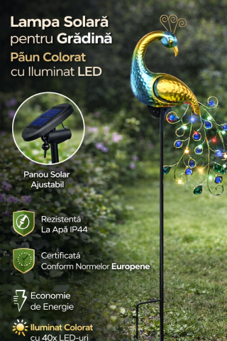 Iluminat - Lampa solara decorativa gradina tip paun Gardlov, iluminare ambientala multicolor LED, senzor crepuscular, rezistenta la intemperii, montaj pe sol