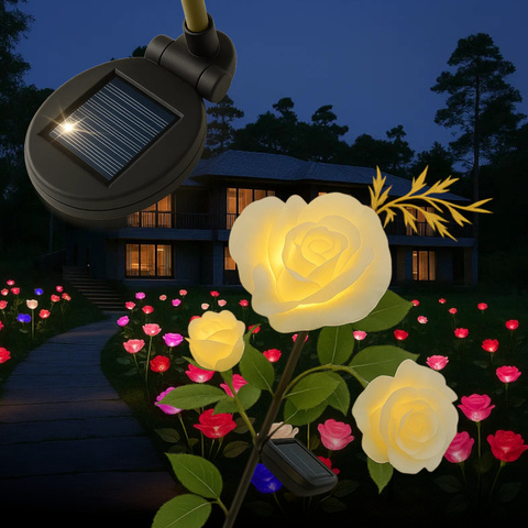 Lampa solara gradina tip trandafir LED, 3 flori decorative, iluminare multicolor, rezistenta la apa IP44, senzor crepuscular, 80 cm [8]