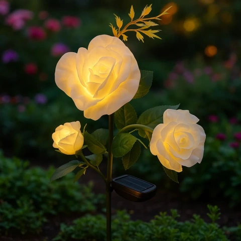 Lampa solara gradina tip trandafir LED, 3 flori decorative, iluminare multicolor, rezistenta la apa IP44, senzor crepuscular, 80 cm [2]