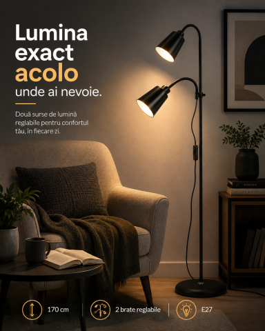 Iluminat - Lampadar modern cu 2 brate reglabile, 2 x E27, inaltime 170 cm, intrerupator pe cablu, negru