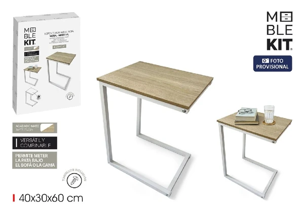Organizare si depozitare - Masuta Laterala Sofa Moblekit, Design modern tip C, pentru living si dormitor, 40 x 30 x 60 cm, MDF + Metal, culoare Stejar/Alb