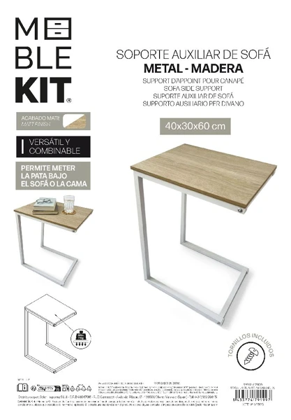 Masuta Laterala Sofa Moblekit, Design modern tip C, pentru living si dormitor, 40 x 30 x 60 cm, MDF + Metal, culoare Stejar/Alb [3]