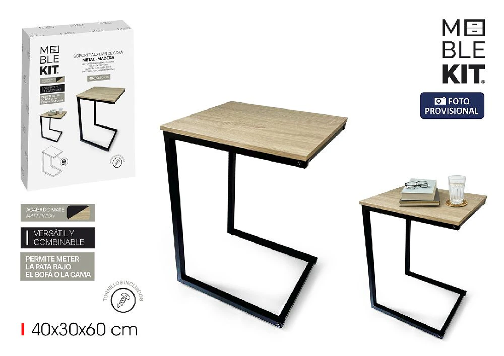 Organizare si depozitare - Masuta Laterala Sofa Moblekit, Design modern tip C, pentru living si dormitor, 40 x 30 x 60 cm, MDF + Metal, culoare Stejar/Negru