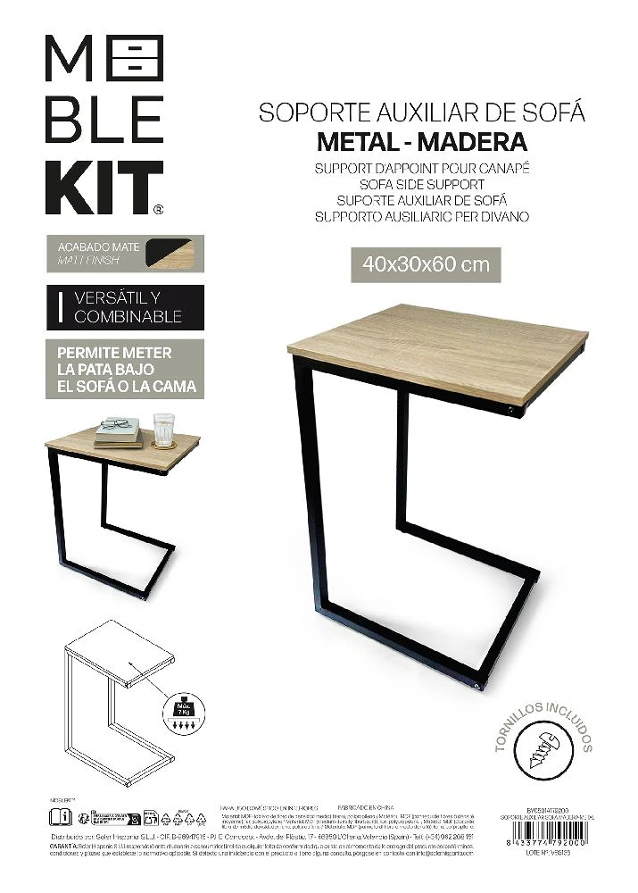 Masuta Laterala Sofa Moblekit, Design modern tip C, pentru living si dormitor, 40 x 30 x 60 cm, MDF + Metal, culoare Stejar/Negru [3]