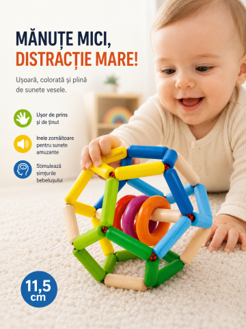 Jucarii & Timp liber - Minge Senzoriala din Lemn Selecta Space, 11.5 cm, Zornaitoare, Stil Montessori, 0+ luni, Multicolora
