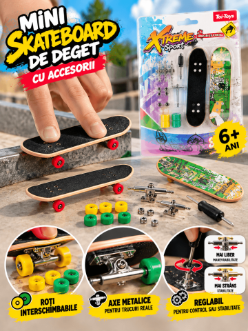 Jucarii & Timp liber - Mini skateboard pentru degete Toi-Toys XTREME Fingerboard, set de asamblare cu roti de rezerva si unelte, 9.5 cm, 6+ ani