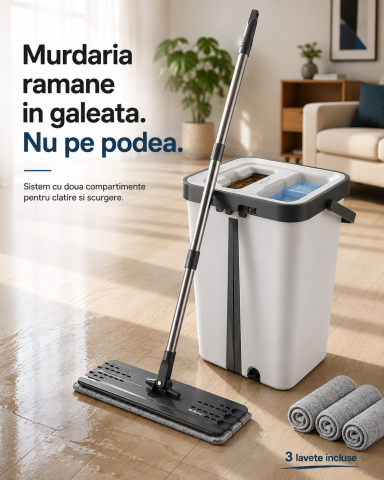 Diverse - Mop plat RUHHY cu galeata 11L, 2 compartimente pentru apa curata si murdara, sistem stoarcere, cap rotativ 360°, 3 lavete