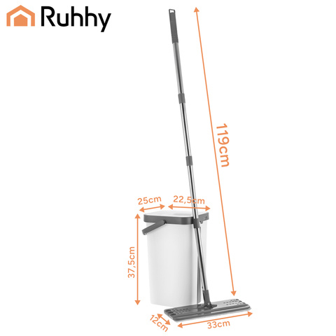 Mop plat RUHHY cu galeata 11L, 2 compartimente pentru apa curata si murdara, sistem stoarcere, cap rotativ 360°, 3 lavete [10]