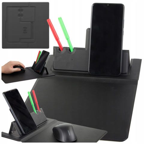 Mouse Pad cu Incarcare Wireless, Organizator Birou cu Suport Telefon si Suport Pixuri, Alimentare USB-C, Pliabil, 32 x 22.5 cm [3]