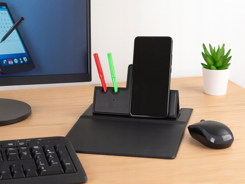 Wearables & Gadgeturi - Mouse Pad cu Incarcare Wireless, Organizator Birou cu Suport Telefon si Suport Pixuri, Alimentare USB-C, Pliabil, 32 x 22.5 cm