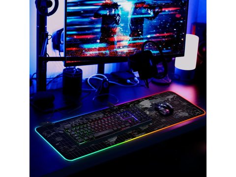Mouse Pad Gaming RGB LED XXXL 90x40 cm, Harta Lumii, Iluminare 7 Culori, 4 Moduri Lumina, Suprafata Antiderapanta, Alimentare USB [3]