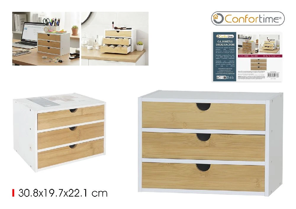 Articole bucatarie - Organizator Birou cu 3 Sertare Comfortime, Depozitare pentru cosmetice si accesorii, 30.8 x 19.7 x 22.1 cm, Bambus + MDF, culoare Alb/Natur