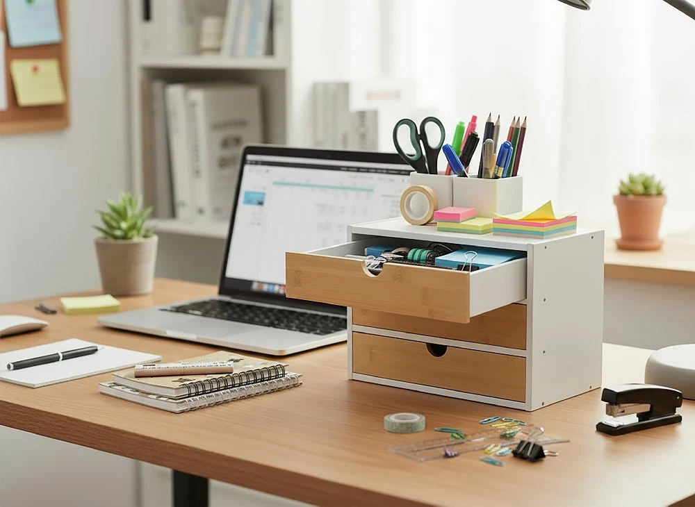 Organizator Birou cu 3 Sertare Comfortime, Depozitare pentru cosmetice si accesorii, 30.8 x 19.7 x 22.1 cm, Bambus + MDF, culoare Alb/Natur [2]
