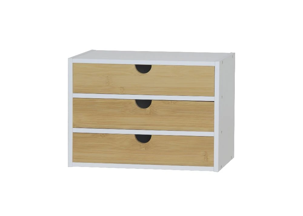 Organizator Birou cu 3 Sertare Comfortime, Depozitare pentru cosmetice si accesorii, 30.8 x 19.7 x 22.1 cm, Bambus + MDF, culoare Alb/Natur [1]