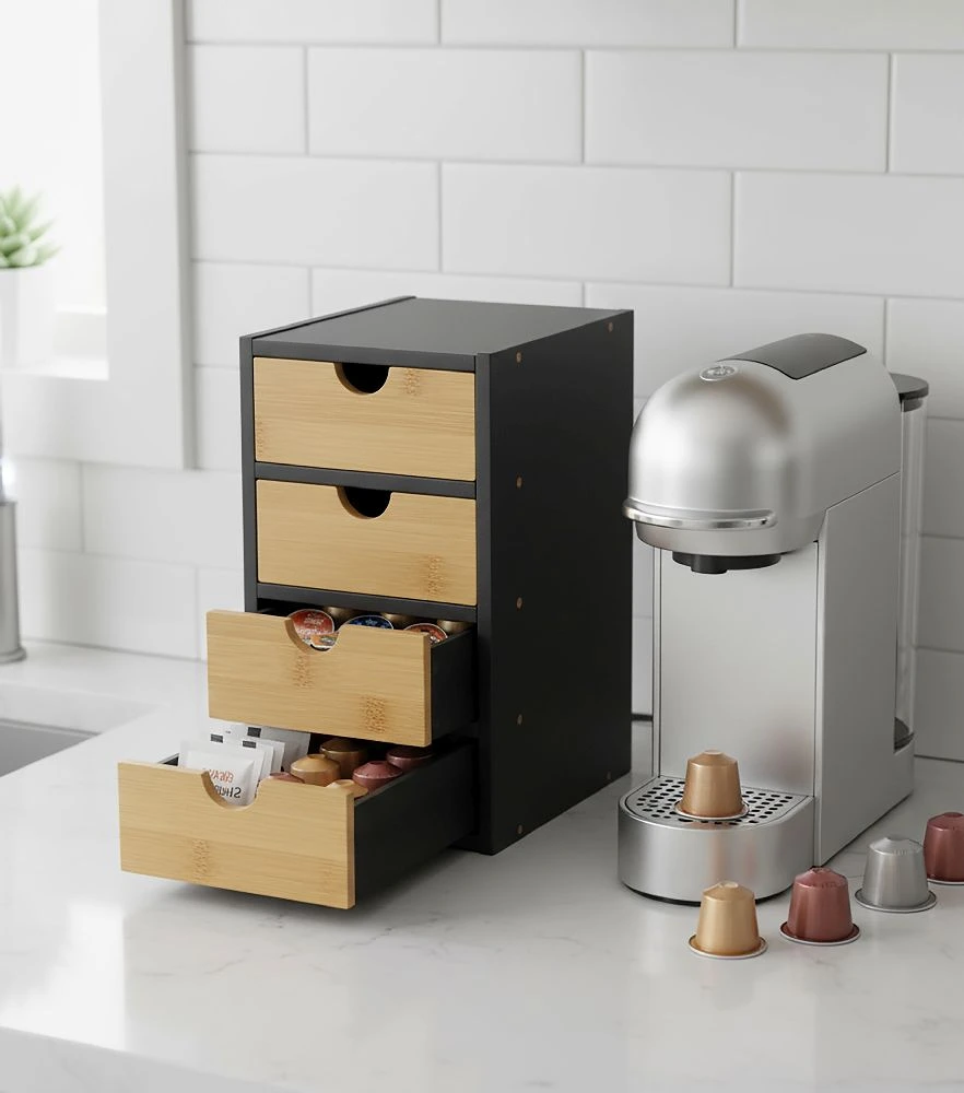 Organizator Birou cu 4 Sertare Comfortime, Depozitare pentru accesorii si cosmetice, 16 x 19.5 x 29 cm, Bambus + MDF, culoare Negru/Natur [2]