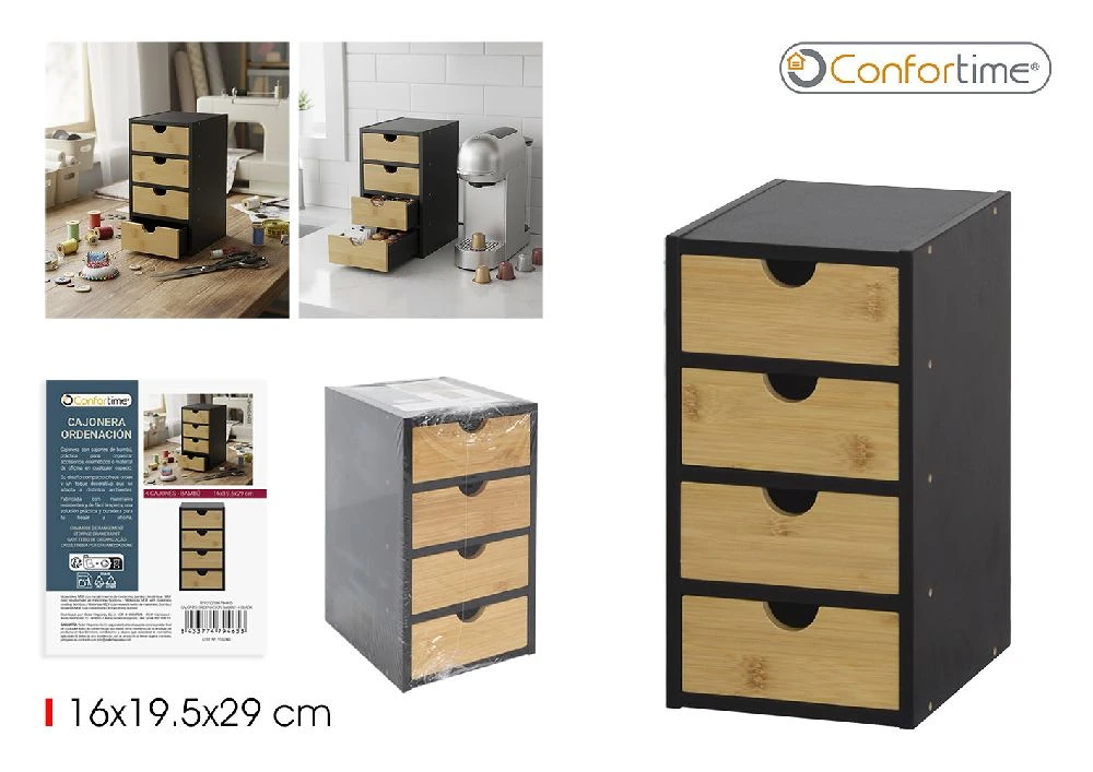 Articole bucatarie - Organizator Birou cu 4 Sertare Comfortime, Depozitare pentru accesorii si cosmetice, 16 x 19.5 x 29 cm, Bambus + MDF, culoare Negru/Natur