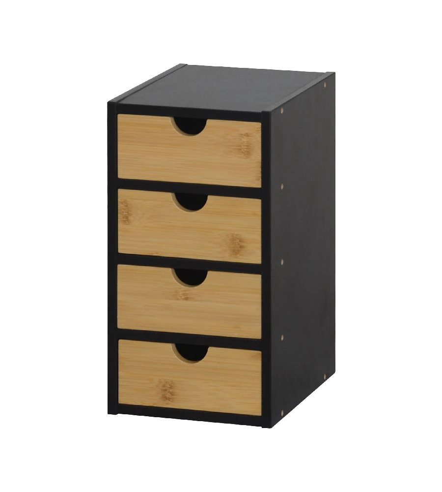 Organizator Birou cu 4 Sertare Comfortime, Depozitare pentru accesorii si cosmetice, 16 x 19.5 x 29 cm, Bambus + MDF, culoare Negru/Natur [1]