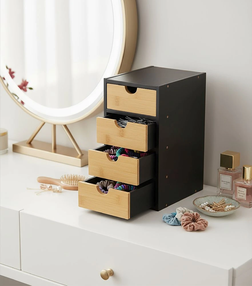 Organizator Birou cu 4 Sertare Comfortime, Depozitare pentru accesorii si cosmetice, 16 x 19.5 x 29 cm, Bambus + MDF, culoare Negru/Natur [3]