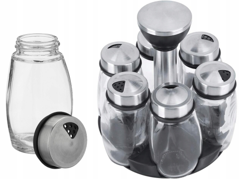 Organizator de condimente rotativ, 6 recipiente, 125 ml, Sticla si ABS, 16x16 cm, culoare Argintiu [3]