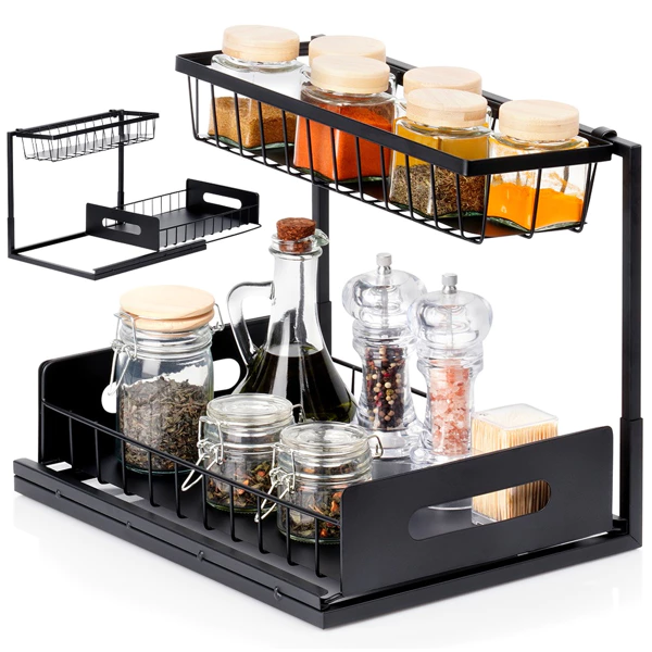 Casa & Organizare - Organizator Sub Chiuveta 2 Niveluri cu Sertar Glisant, Raft Metalic pentru Dulap Bucatarie, Suport Depozitare Produse Curatenie, 36 x 27 x 28.5 cm