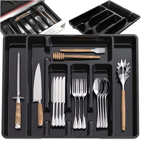 Articole bucatarie - Organizator tacamuri extensibil Ruhhy, 5-7 compartimente, reglabil 36.5 x 27.5–44.5 x 4.5 cm, plastic PP, culoare Negru