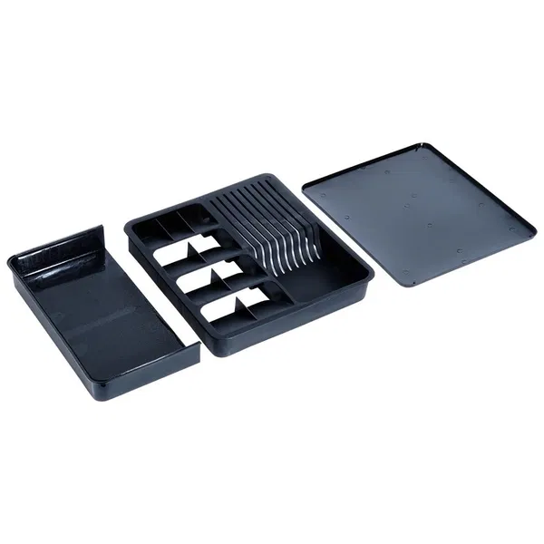 Organizator Tacamuri Vilde pentru sertar, Extensibil 40-45 x 31 cm, 10 compartimente, Plastic, compartiment pentru cutite, culoare Negru [1]