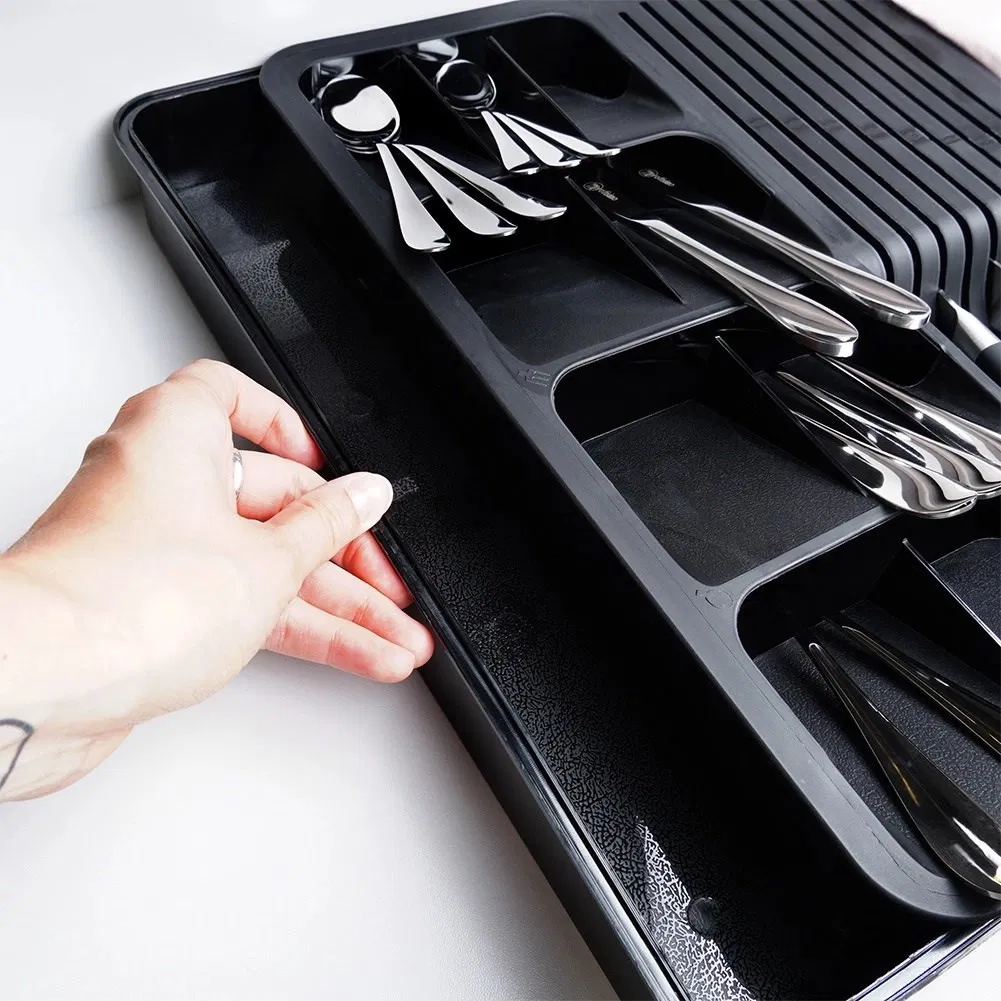 Organizator Tacamuri Vilde pentru sertar, Extensibil 40-45 x 31 cm, 10 compartimente, Plastic, compartiment pentru cutite, culoare Negru [3]