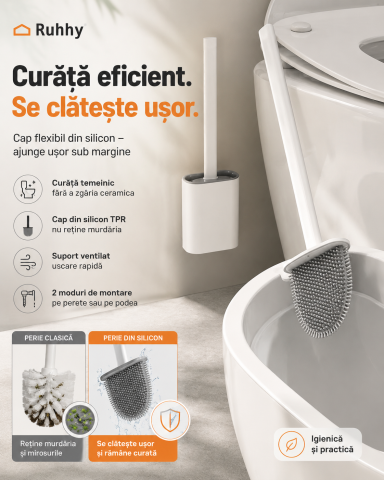 Articole pentru baie - Perie WC din silicon Ruhhy, cap flexibil, suport ventilat, montaj pe perete sau podea, alb/gri, 40 cm