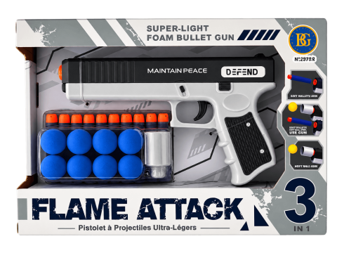 Pistol de jucarie cu proiectile din spuma Flame Attack 3 in 1, 10 sageti si 8 bile EVA, actionare manuala, 22.6 cm, 3+ ani [1]