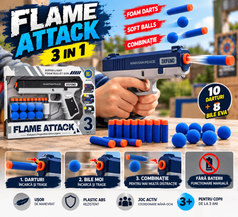 Jucarii & Timp liber - Pistol de jucarie cu proiectile din spuma Flame Attack 3 in 1, 10 sageti si 8 bile EVA, actionare manuala, 22.6 cm, 3+ ani