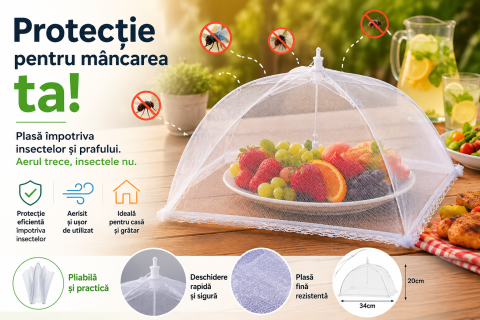 Casa & Organizare - Plasa Protectie Alimente Pliabila Anti-Insecte, Tip Umbrela, pentru Bucatarie si Picnic, 34 x 20 cm, Alba