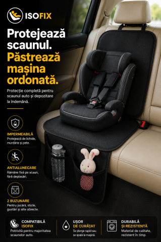 Auto & Detailing - Protectie bancheta auto pentru scaun copil XTROBB, compatibila ISOFIX, impermeabila, antiderapanta, organizator 2 buzunare, 125 x 49 cm, negru