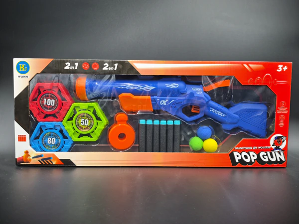 Jucarii & Timp liber - Pusca de jucarie Pop Gun 2 in 1 cu proiectile din spuma, sageti si bile, 3 moduri de tragere, 3 tinte, albastru, 3+ ani
