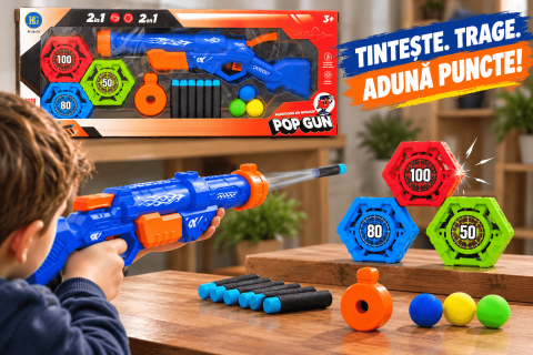 Pusca de jucarie Pop Gun 2 in 1 cu proiectile din spuma, sageti si bile, 3 moduri de tragere, 3 tinte, rosu, 3+ ani [2]