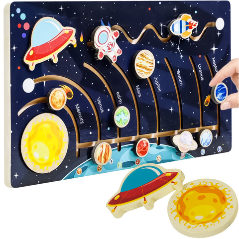 Puzzle Educativ Montessori Sistemul Solar din Lemn KRUZZEL, Joc Labirint Planete pentru Copii, Joc Logic si Motricitate, 39.7 x 22 cm [3]