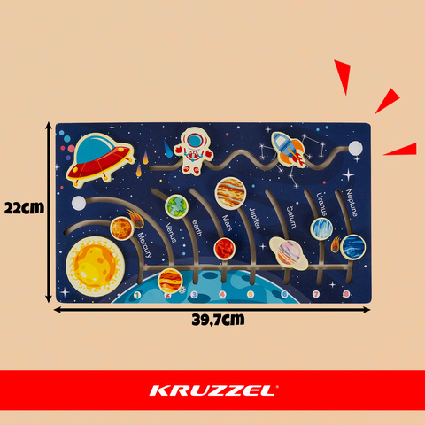Puzzle Educativ Montessori Sistemul Solar din Lemn KRUZZEL, Joc Labirint Planete pentru Copii, Joc Logic si Motricitate, 39.7 x 22 cm [2]