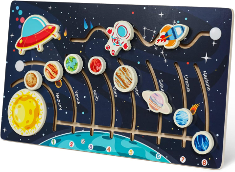 Jucarii & Timp liber - Puzzle Educativ Montessori Sistemul Solar din Lemn KRUZZEL, Joc Labirint Planete pentru Copii, Joc Logic si Motricitate, 39.7 x 22 cm