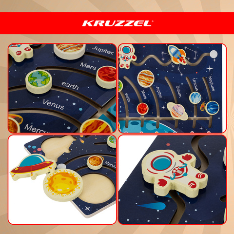 Puzzle Educativ Montessori Sistemul Solar din Lemn KRUZZEL, Joc Labirint Planete pentru Copii, Joc Logic si Motricitate, 39.7 x 22 cm [4]
