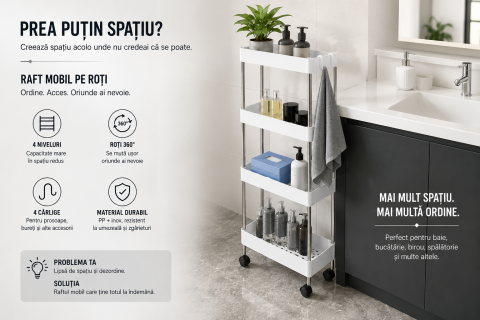 Articole bucatarie - Raft Mobil cu Roti pentru Baie si Bucatarie, 4 Polite, 37 x 12 x 91.5 cm, Alb