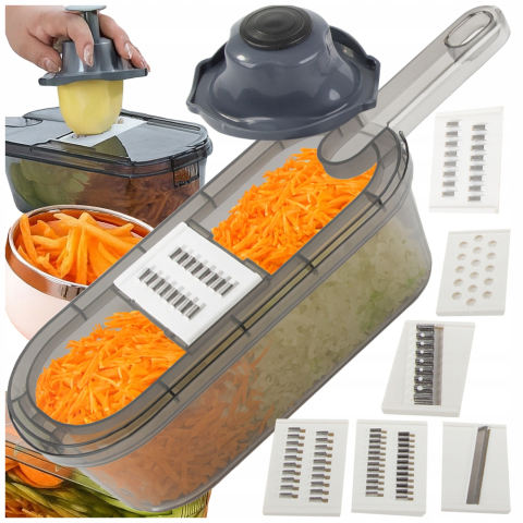 Articole bucatarie - Razatoare multifunctionala pentru legume si fructe, cu recipient colector, 6 lame interschimbabile, feliere si tocare, mandolina bucatarie